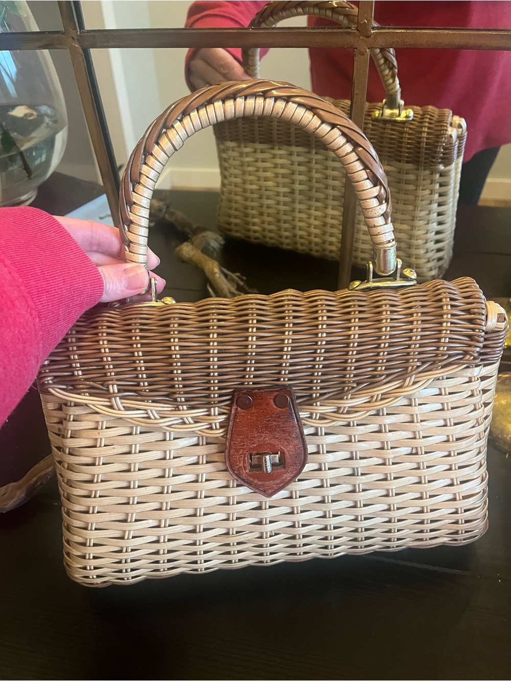 Vintage Wicker woven Handbag Basket Purse Brown & Tan Structured Top Handle - Picture 7 of 7